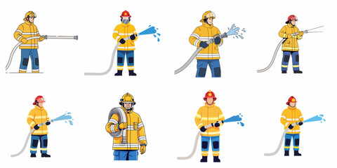 Fototapeta premium Vector set of professional firefighters in yellow uniform operating fire hoses for emergency rescue and safety operations, isolated on white.