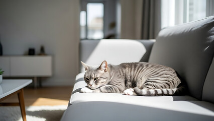 A beautiful young tabby kitten with gray fur and bright eyes sits on a domestic table near the window, looking like a cute feline portrait of a pet cat