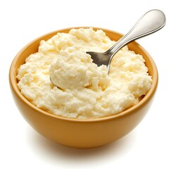 Fresh Cottage Cheese in a Yellow Bowl with a Spoon
