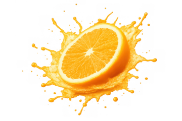Orange slice bursting into refreshing juice splash, creating a vibrant citrus liquid explosion, clean on transparent background