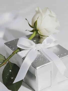White rose with green stem placed on a silver gift box tied with a white ribbon