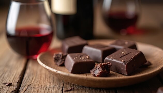Rich dark chocolate squares rest on rustic plate beside red wine in stemless glasses. Bottle nearby suggests tasting indulgence, a sweet pairing for a luxurious treat.