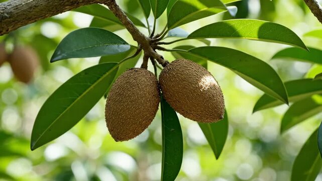 Two ripe oval sapodilla fruits hang from a branch nestled among vibrant green glossy leaves in a lush natural setting