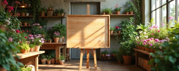 Wooden easel stands in a sunlit flower shop filled with potted plants and blooming flowers. Empty sign ready for custom text and design. Shop interior with vibrant green plants.