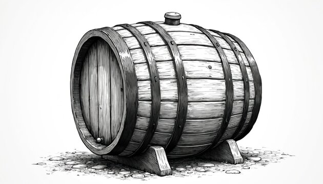 Vintage wooden barrel with metal bands rests on ground. This oak container ages wine, whiskey, or beer. Simple sketch art for rustic themes.