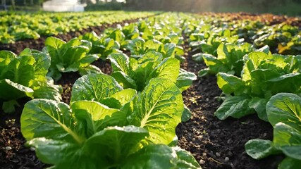 A slow, cinematic tracking shot moves across lush rows of vibrant green Romaine lettuce plants thriving in dark, fertile soil under the warm, golden light of the setting sun on a sustainable organic.