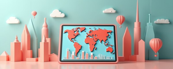 Tablet displays world map and bar chart. Abstract city skyline with hot air balloons and clouds in pastel colors. Represents global business growth data.