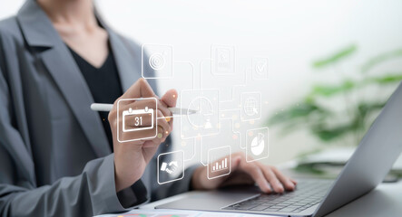 Business professional using digital interface with calendar planning workflow time management productivity tracking and modern office technology