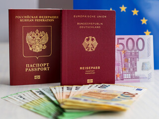 Russian and German Passports with Euro Banknotes