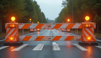 Road construction barrier with flashing orange lights blocks traffic. Temporary lane closure on wet asphalt road with trees lining. Orange and white striped structure signals caution.