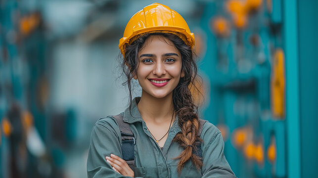 Female Construction Worker in Hard Hat Smiling: Diverse Workforce and Gender Equality in the Skilled Trades Industry