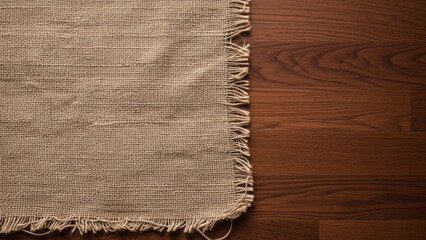 Textured burlap fabric on dark wooden surface