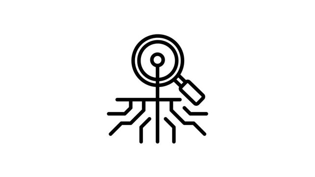 Animated root cause analysis line icon with a magnifying glass and root animation, demonstrating investigation and problem solving. Outline style, isolated on a white background in 4K resolution.