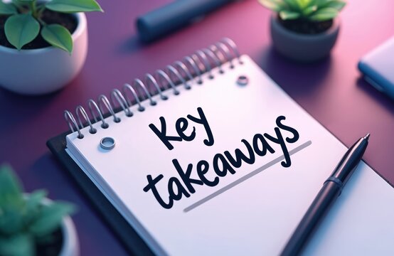 Spiral bound notepad with Key takeaways phrase written in bold script. A pen rests nearby on a desk with potted plants. Useful for business notes study summaries or planning.
