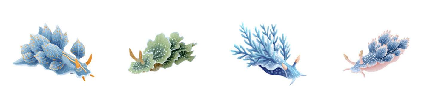 Glaucus Atlanticus Sea Slug Collection on White