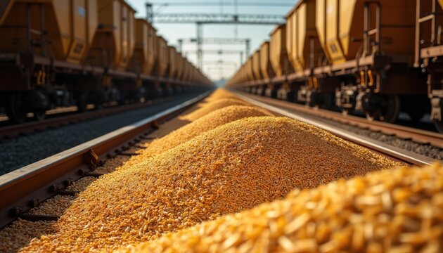 Grain piles sit near yellow hopper train cars on railroad tracks. The bulk commodity awaits transport at a shipping facility. Logistics and supply chain are visible.