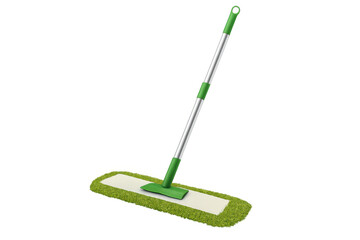 Green flat mop cleaning tool for household chores, hygiene, and sanitary floor maintenance on transparent background