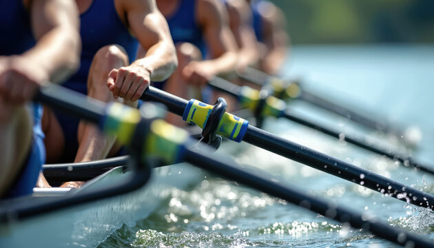 Crew rows boat with oars in sync on blue water. Athletes in blue uniforms compete in race with speed and power. Teamwork wins regatta event.