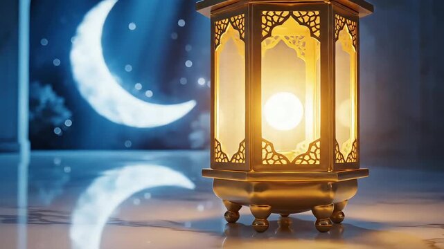 Glowing Golden Lantern with Crescent Moon for Ramadan Celebration