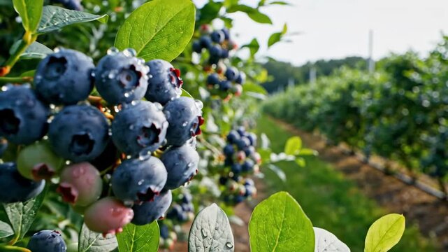 A slow, cinematic camera movement glides past lush green leaves and clusters of plump, dew kissed blueberries ripening on the bush within a vast, sunny agricultural.