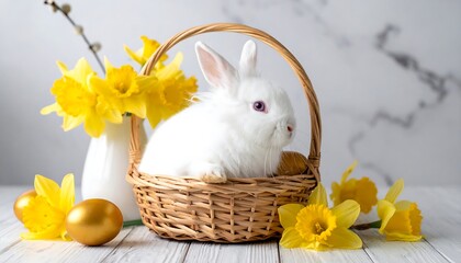 Easter bunny in basket with daffodils and golden eggs.