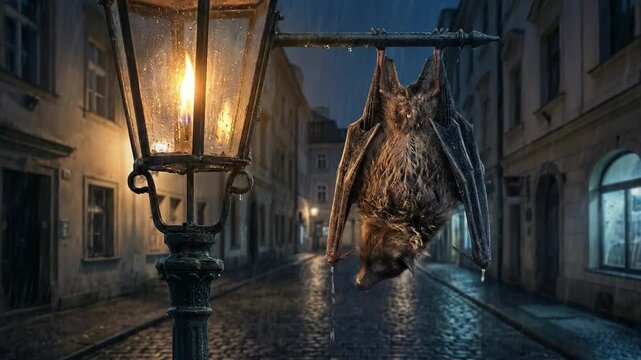 Vampire Bat Hanging Upside Down on Vintage Gas Lamp in Rain Cinematic