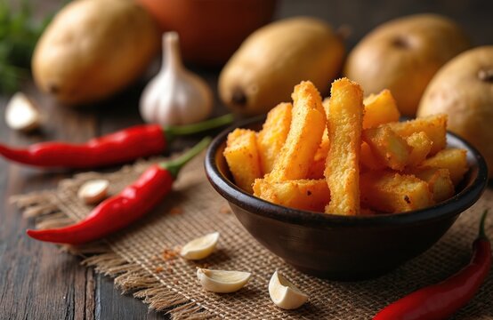Crispy fried potato sticks seasoned with balado spices served in a bowl. Ingredients like chilies, garlic, and potatoes are visible. Indonesian cuisine.