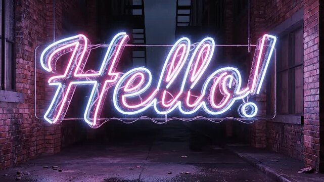 Hello Neon Sign in Urban Alleyway - A Vibrant Greeting.