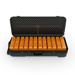 An elegant black travel suitcase overflowing with glittering gold bars is captured in a
highly detailed 3D rendering. Front view.
