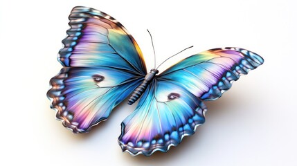 A vibrant butterfly displays its colorful wings, showcasing intricate patterns and a spectrum of blues, purples, and yellows against a clean, white background, creating a stunning visual display