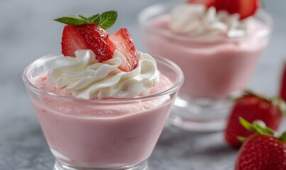 Creamy strawberry mousse served in elegant glass cups, smooth and airy texture with a soft pink color