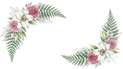 Luxury watercolor corner design featuring lilies and fern in navy and dusty rose isolated on white background