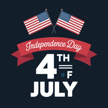 Independence Day July illustration featuring crossed American flags patriotic typography stars stripes festive USA holiday celebration design.