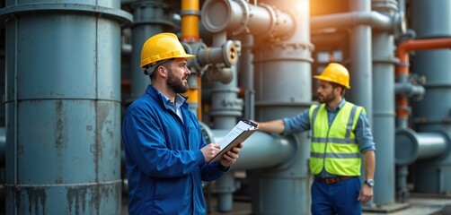 Two engineers in hard hats review documents near large industrial pipes and cooling towers. Men work together checking equipment on construction site. One holds clipboard, another wears hi-vis vest.