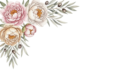 Luxury hand painted watercolor corner composition featuring peonies and olive branches in neutral tones isolated on white background