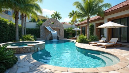 Fototapeta premium Luxury backyard features pool with waterfall slide and hot tub. Tropical palms surround sunny patio with loungers and umbrella near house. Relaxing blue water and stone deck invite fun.
