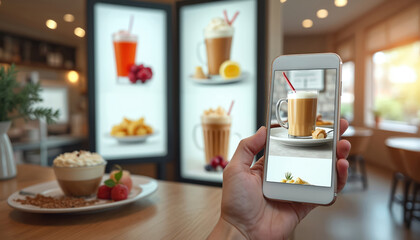 Person uses smartphone to photograph coffee drink in cafe. Digital screens display beverage menu items. Table has dessert with berries. Modern cafe lifestyle and food presentation.