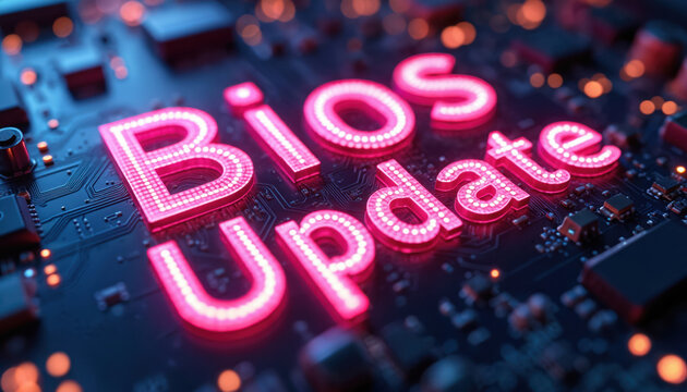 Glowing neon pink letters spell BIOS UPDATE on a dark circuit board. Computer hardware components and circuits are visible in the background with soft orange and blue lights.
