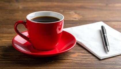 Red cup of coffee with notepad and pen on wooden table.