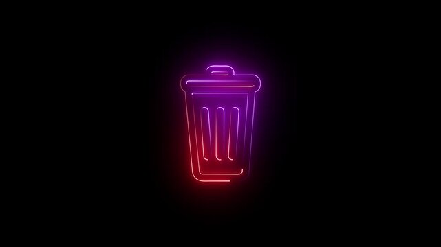 Neon pink and purple outline of a trash can icon on a dark background garbage delete