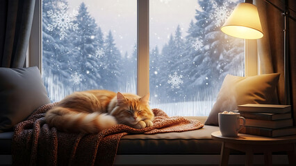 A cute young grey tabby kitten with beautiful eyes and soft fur is looking out the window while sitting near a bed where domestic pets sleep