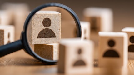 HRM or Human Resource Management, Magnifier glass focus to manager icon which is among staff icons for human development recruitment leadership and customer target. resume, interview. generate by AI