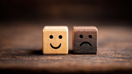 Mental health and emotional state, Smile face in bright side and sad face in dark side on wooden block cube for positive mindset selection, expression, mask, bipolar, generate by AI