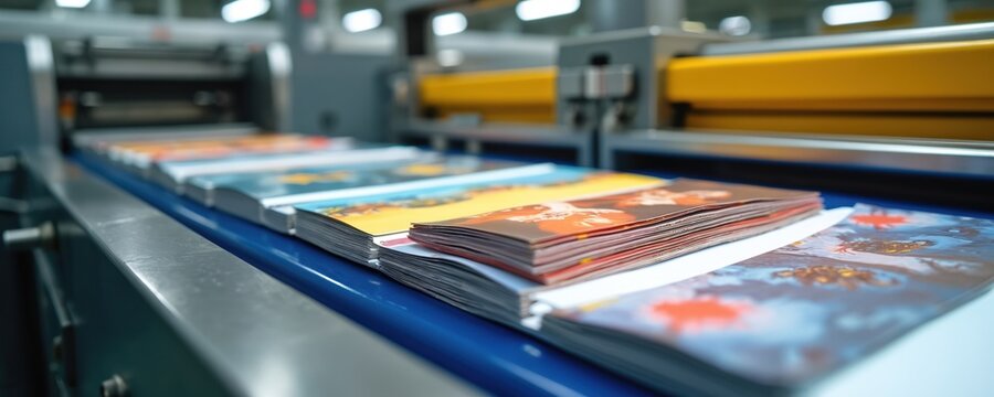 Stacks of colorful magazines move along a blue conveyor belt in a printing factory. Automated production line processes printed materials in a modern print shop. Finished products await next stage.