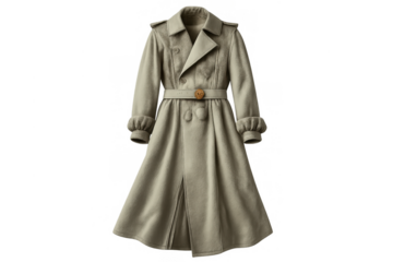 Beige belted trench coat, elegant long outerwear garment for cold weather on transparent background