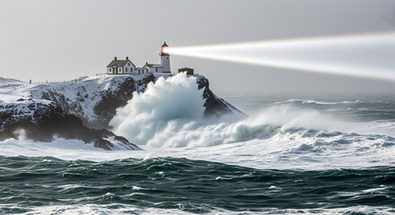 Lighthouse Amidst Winter Storm and Crashing Waves