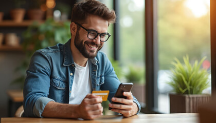 Smiling man in glasses holds phone and credit card. He makes online purchase, pays with mobile device and bank card. Happy guy uses smartphone for ecommerce, easy banking transaction.