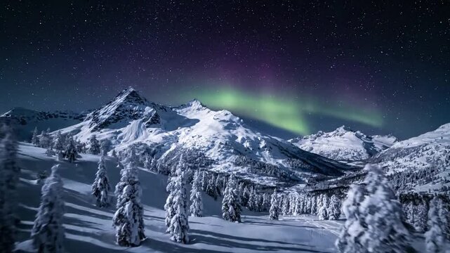Arctic Wilderness Under Northern Lights aurora glow winter Dolly shot, moving slowly forward over an expansive, untouched snowy tundra, with the aurora filling the night sky.