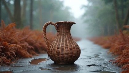 Woven rattan jug sits on wet forest path surrounded by dry ferns. This rustic container suggests olden times, nature, and traditional craft. It evokes a sense of journey or rural life.