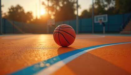 Orange basketball sits on an empty court at sunset. Blue line marks the boundary. Trees and stadium seats blur in background light. Active sport or quiet solitude.